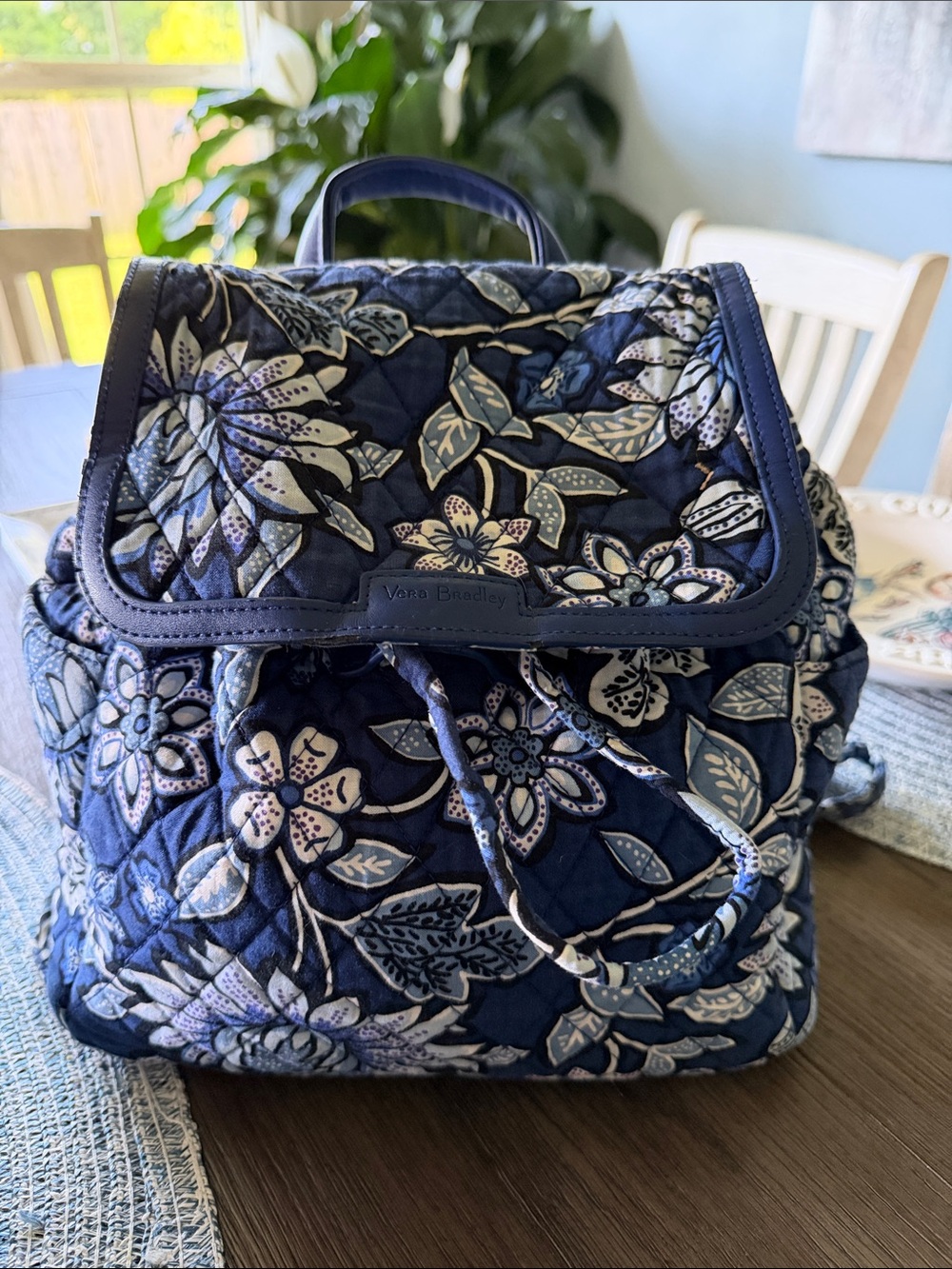 Vera Bradley Quilted Navy Floral Drawstring Backpack